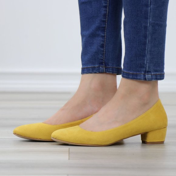 Mustard Faux Suede Close Round Toe Kitten Low Block Heel Pumps - Picture 13 of 13